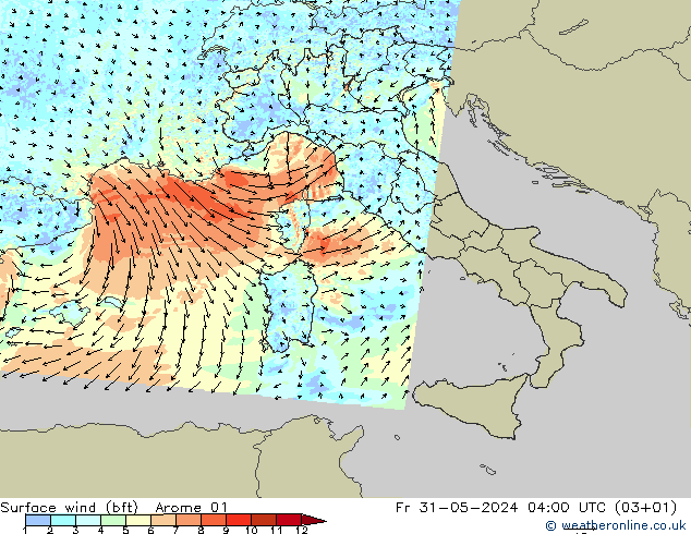 Vent 10 m (bft) Arome 01 ven 31.05.2024 04 UTC