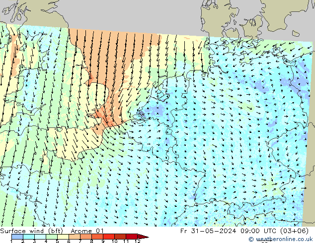 Wind 10 m (bft) Arome 01 vr 31.05.2024 09 UTC