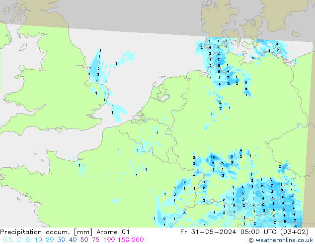 Precipitation accum. Arome 01 Fr 31.05.2024 05 UTC