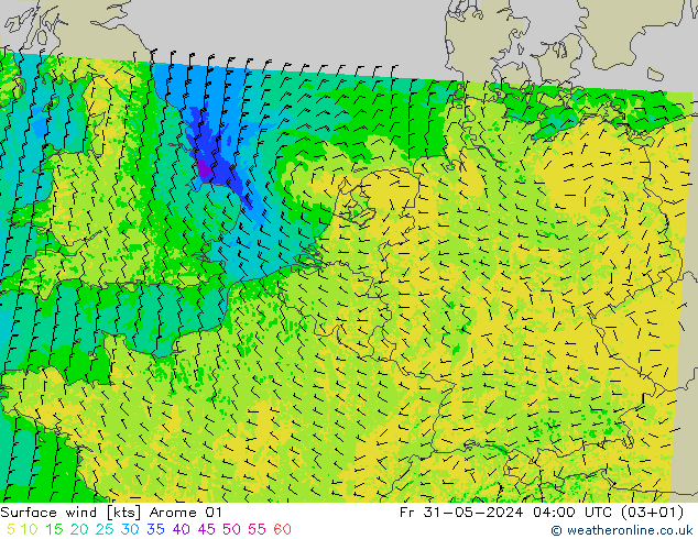 Surface wind Arome 01 Pá 31.05.2024 04 UTC