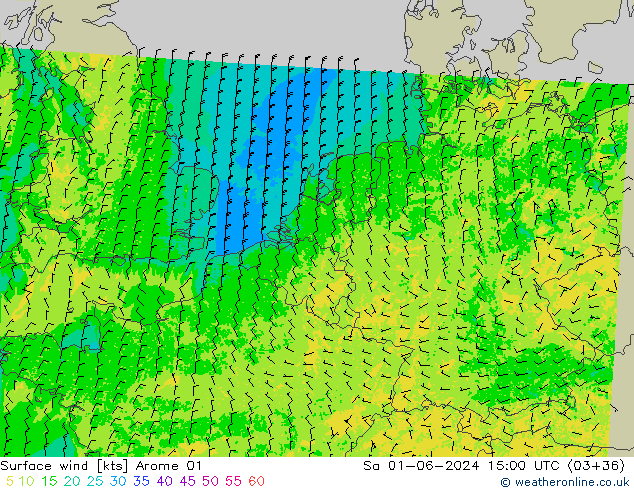 wiatr 10 m Arome 01 so. 01.06.2024 15 UTC
