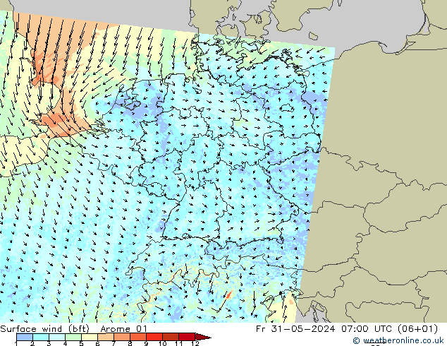 Wind 10 m (bft) Arome 01 vr 31.05.2024 07 UTC