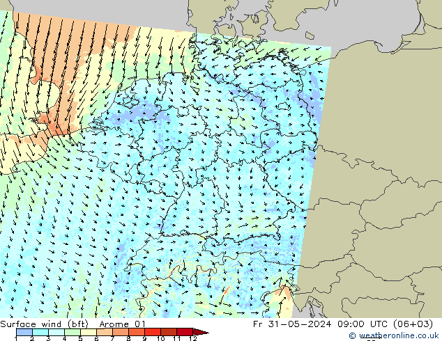 Surface wind (bft) Arome 01 Fr 31.05.2024 09 UTC