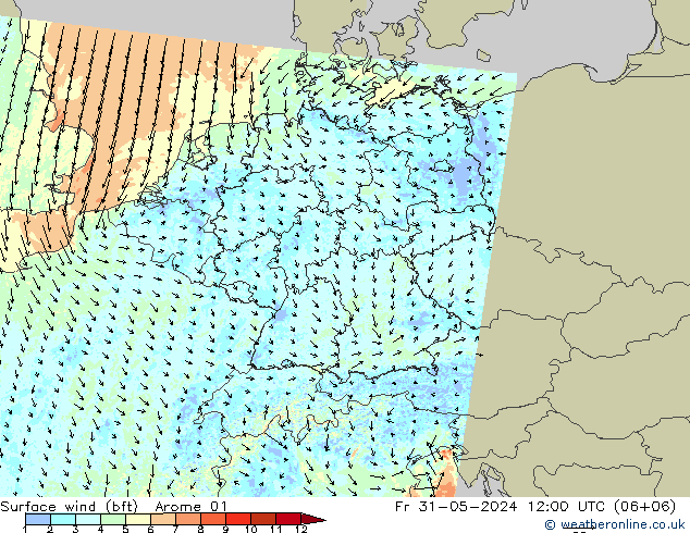 Wind 10 m (bft) Arome 01 vr 31.05.2024 12 UTC
