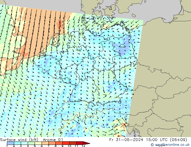 Surface wind (bft) Arome 01 Pá 31.05.2024 15 UTC