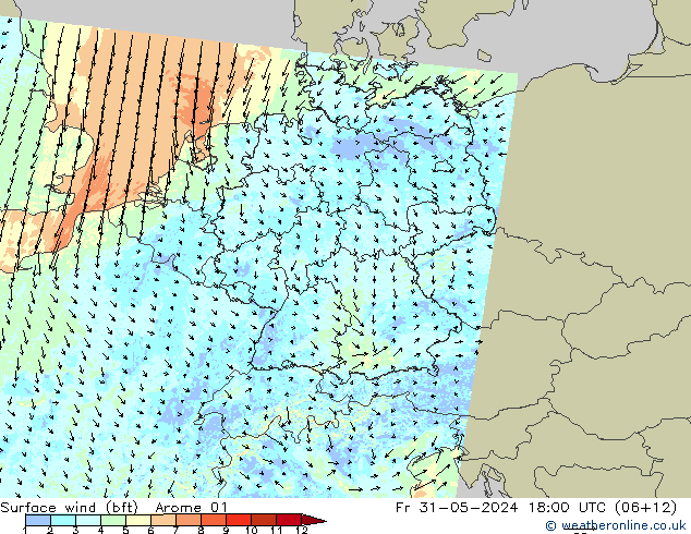 Surface wind (bft) Arome 01 Pá 31.05.2024 18 UTC