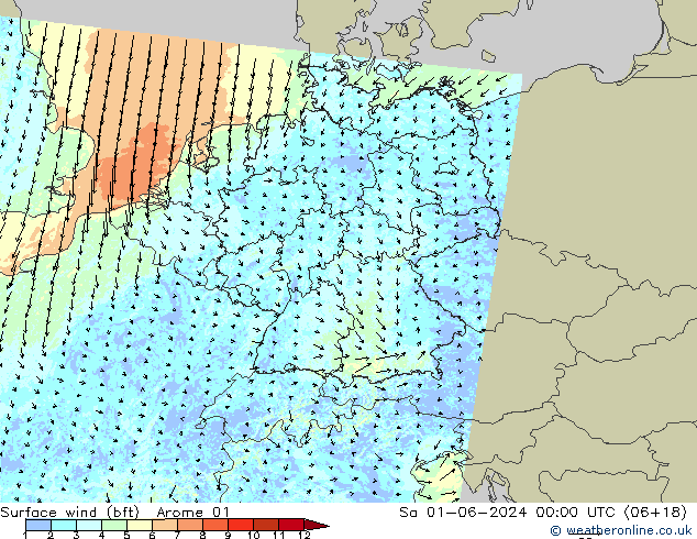 Surface wind (bft) Arome 01 So 01.06.2024 00 UTC