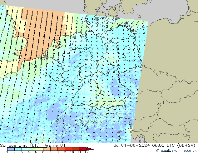 �N 10 米 (bft) Arome 01 星期六 01.06.2024 06 UTC