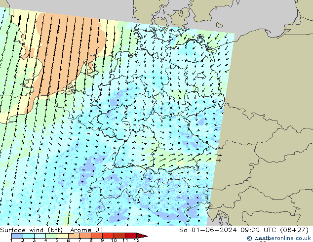 Surface wind (bft) Arome 01 Sa 01.06.2024 09 UTC