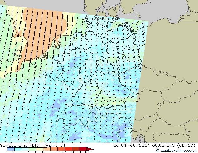  10 m (bft) Arome 01  01.06.2024 09 UTC