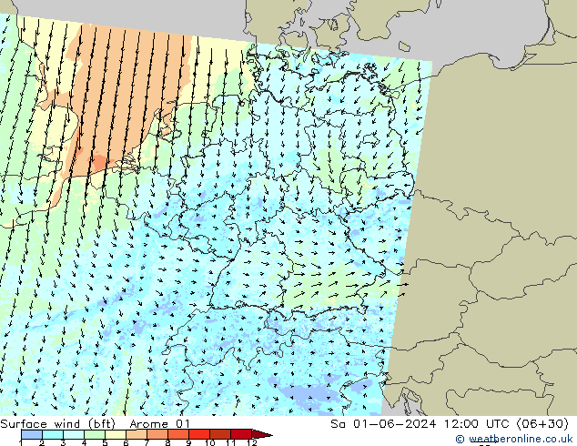 Bodenwind (bft) Arome 01 Sa 01.06.2024 12 UTC