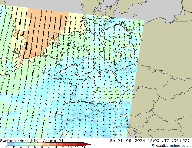 Vento 10 m (bft) Arome 01 Sáb 01.06.2024 15 UTC