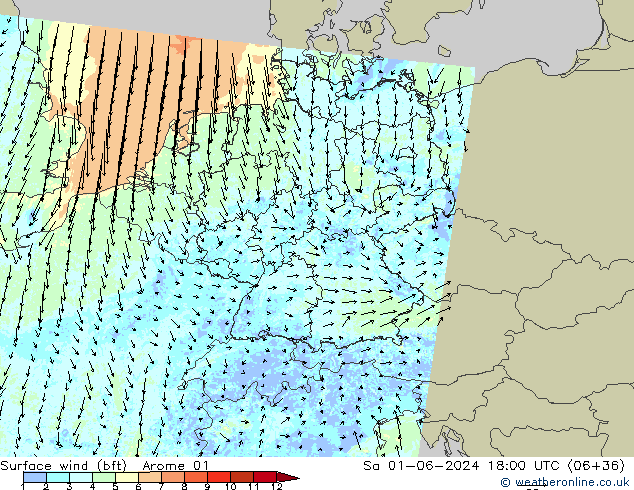 Surface wind (bft) Arome 01 Sa 01.06.2024 18 UTC