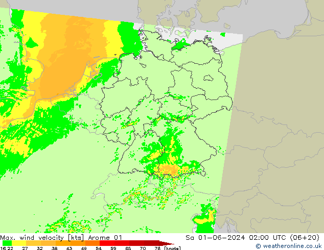 Max. wind velocity Arome 01 Sáb 01.06.2024 02 UTC