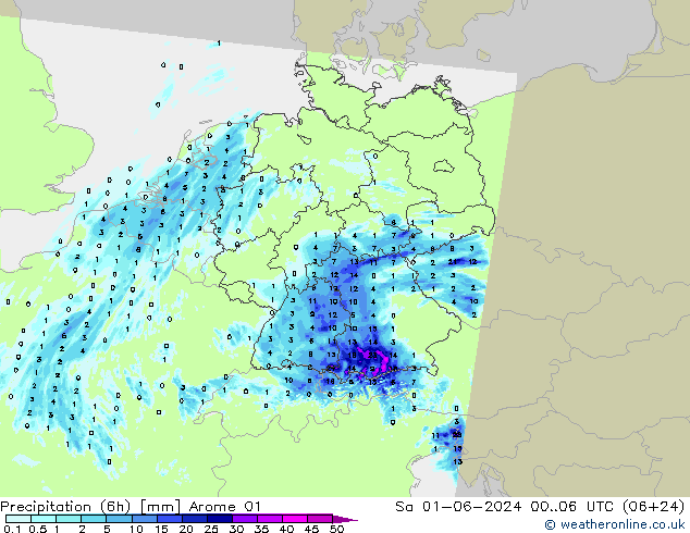 Precipitation (6h) Arome 01 Sa 01.06.2024 06 UTC