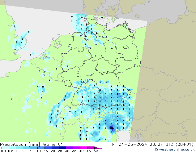 Niederschlag Arome 01 Fr 31.05.2024 07 UTC