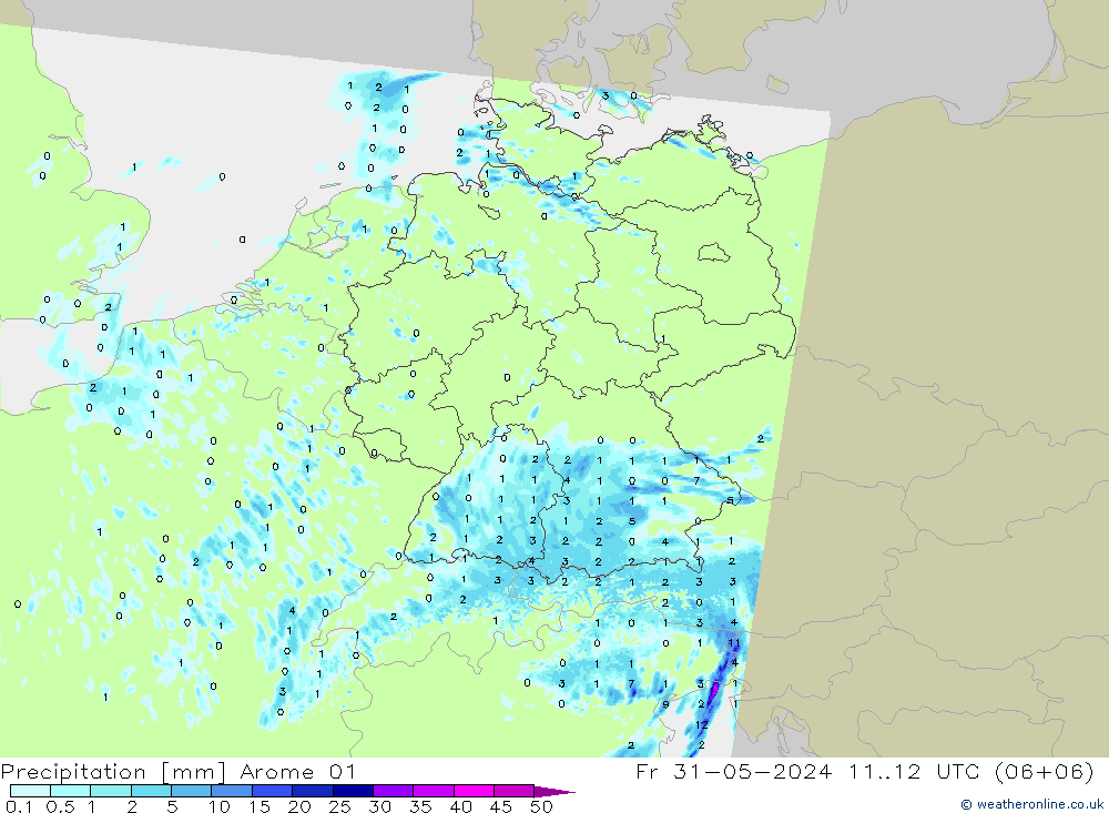 Neerslag Arome 01 vr 31.05.2024 12 UTC