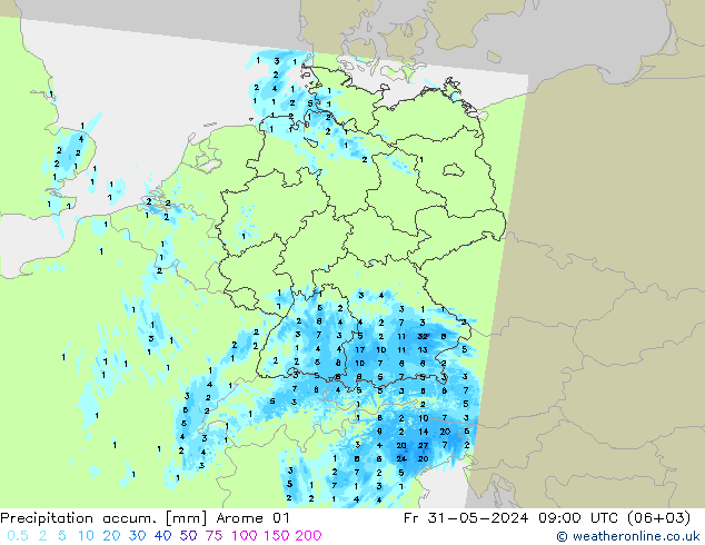 Precipitation accum. Arome 01 星期五 31.05.2024 09 UTC