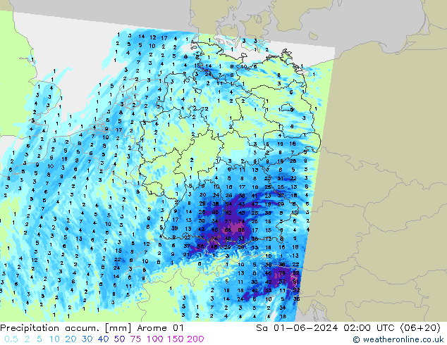 Totale neerslag Arome 01 za 01.06.2024 02 UTC