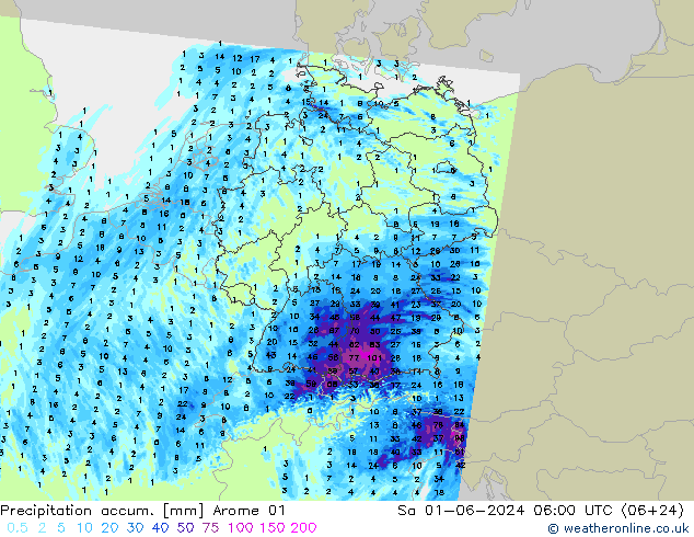 Totale neerslag Arome 01 za 01.06.2024 06 UTC