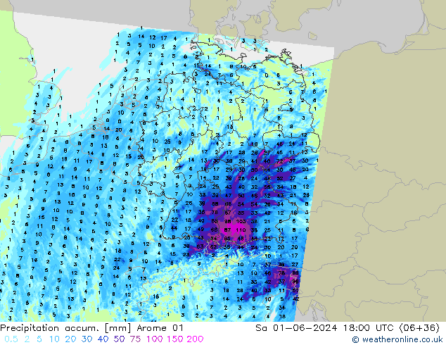 Precipitation accum. Arome 01 Sáb 01.06.2024 18 UTC