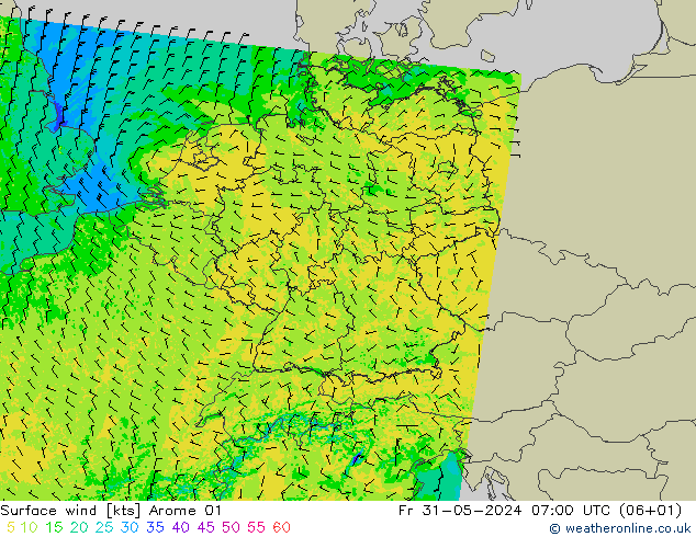 风 10 米 Arome 01 星期五 31.05.2024 07 UTC