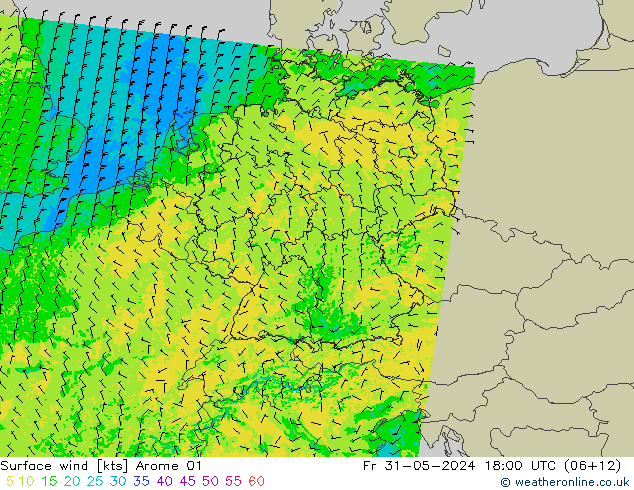 Vento 10 m Arome 01 ven 31.05.2024 18 UTC