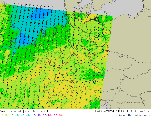 Vento 10 m Arome 01 sab 01.06.2024 18 UTC