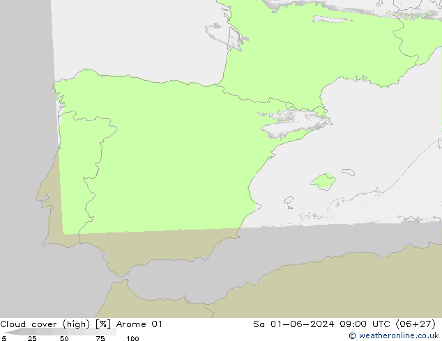 Cloud cover (high) Arome 01 Sa 01.06.2024 09 UTC