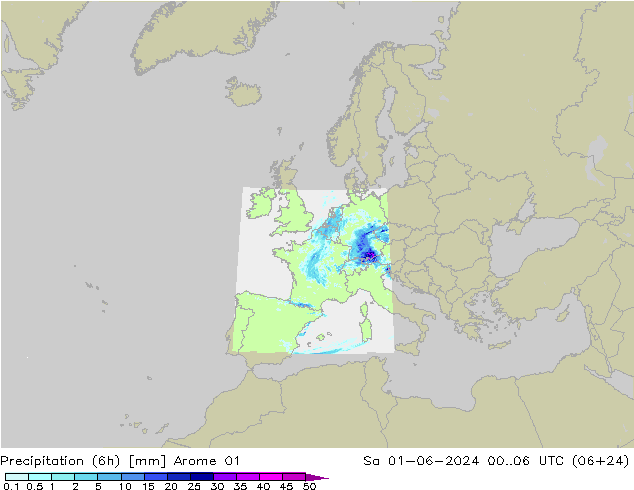 Precipitation (6h) Arome 01 Sa 01.06.2024 06 UTC