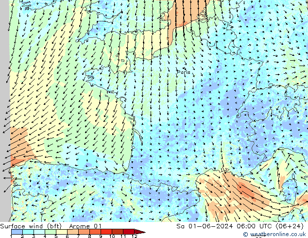 Bodenwind (bft) Arome 01 Sa 01.06.2024 06 UTC