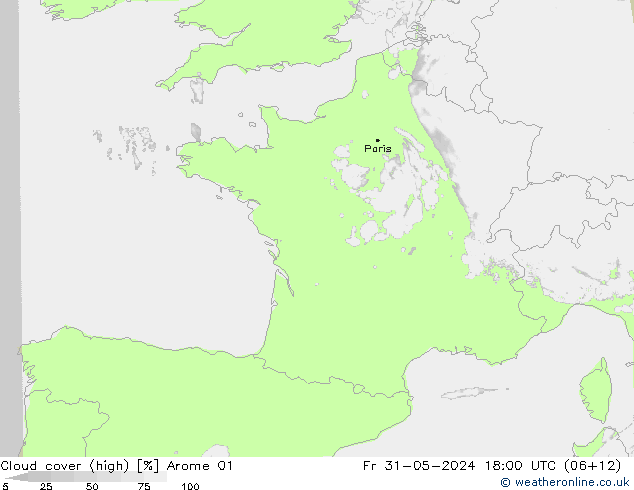Cloud cover (high) Arome 01 Fr 31.05.2024 18 UTC