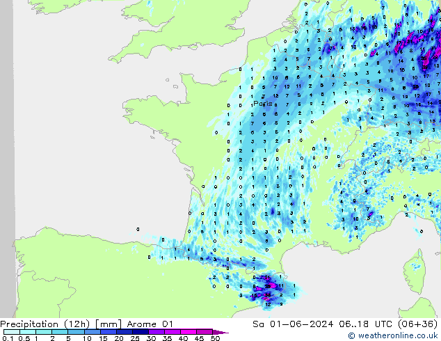 осадки (12h) Arome 01 сб 01.06.2024 18 UTC