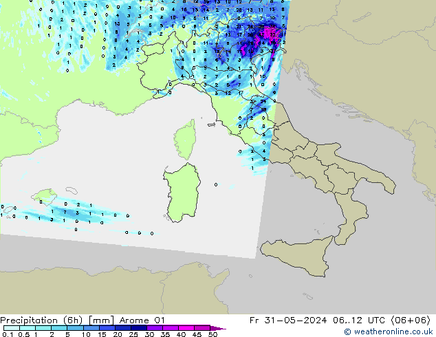 Precipitation (6h) Arome 01 Pá 31.05.2024 12 UTC