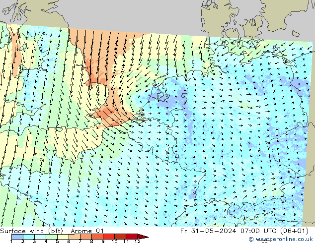 Viento 10 m (bft) Arome 01 vie 31.05.2024 07 UTC