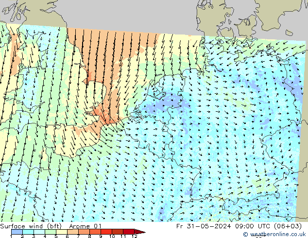 Surface wind (bft) Arome 01 Fr 31.05.2024 09 UTC