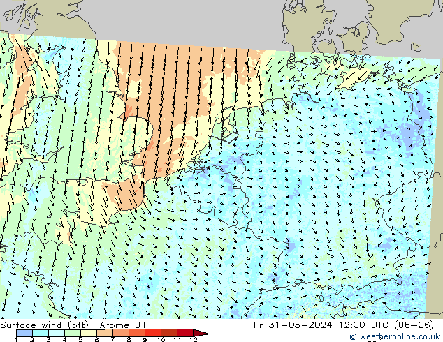 Surface wind (bft) Arome 01 Pá 31.05.2024 12 UTC