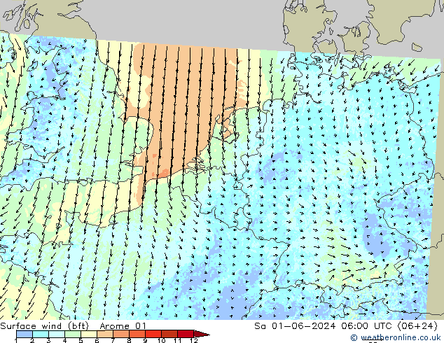 Wind 10 m (bft) Arome 01 za 01.06.2024 06 UTC