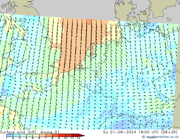 Vento 10 m (bft) Arome 01 sab 01.06.2024 18 UTC