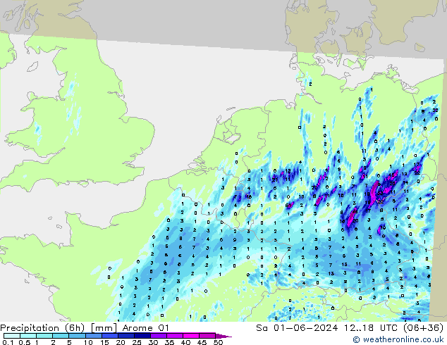 Precipitazione (6h) Arome 01 sab 01.06.2024 18 UTC