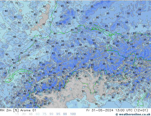 RH 2m Arome 01 Fr 31.05.2024 13 UTC