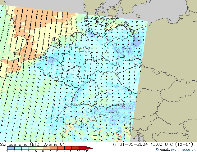 Wind 10 m (bft) Arome 01 vr 31.05.2024 13 UTC