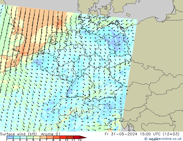 Wind 10 m (bft) Arome 01 vr 31.05.2024 15 UTC