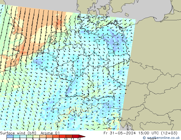 Viento 10 m (bft) Arome 01 vie 31.05.2024 15 UTC