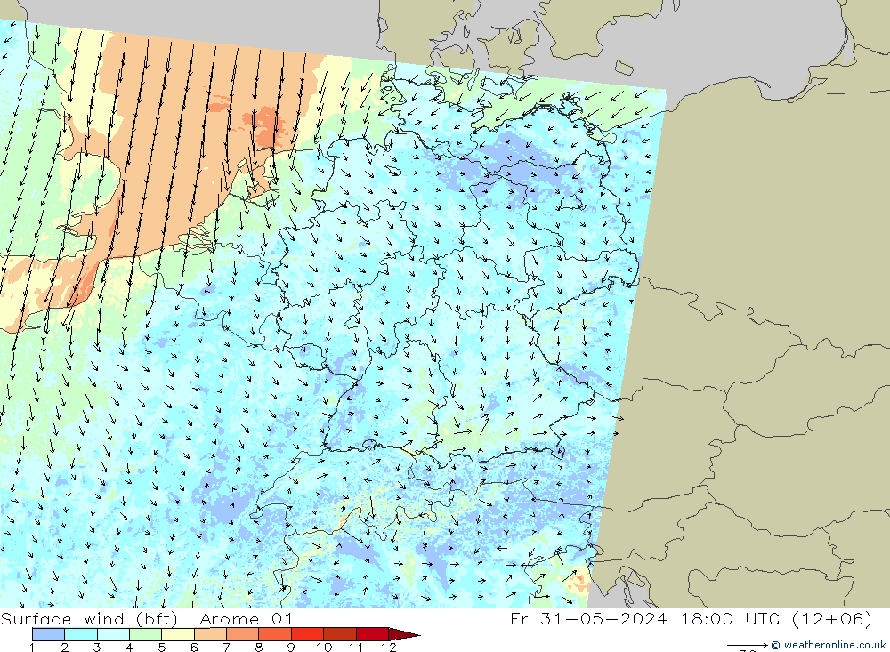 Bodenwind (bft) Arome 01 Fr 31.05.2024 18 UTC