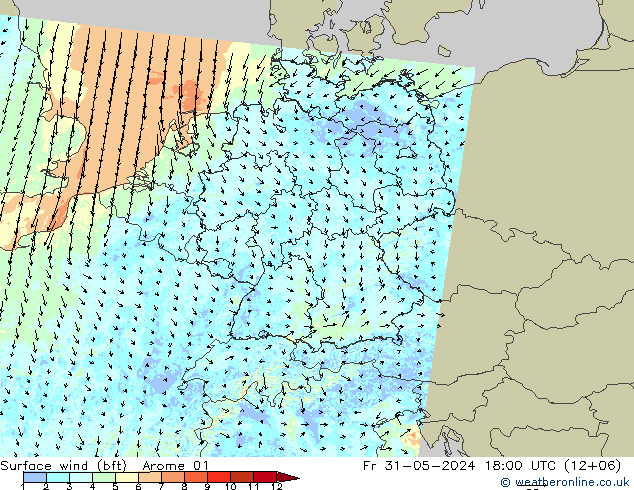 Vent 10 m (bft) Arome 01 ven 31.05.2024 18 UTC