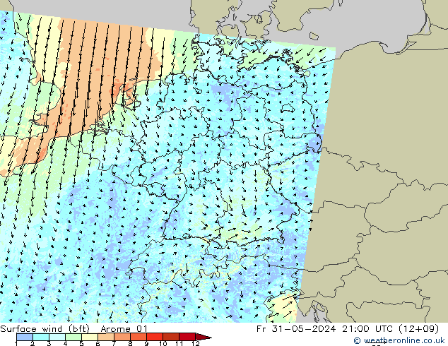 Surface wind (bft) Arome 01 Fr 31.05.2024 21 UTC