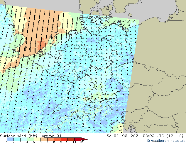 �N 10 米 (bft) Arome 01 星期六 01.06.2024 00 UTC