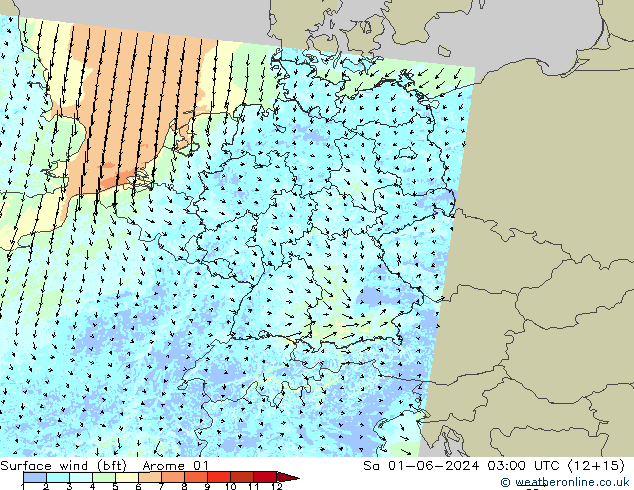 Vent 10 m (bft) Arome 01 sam 01.06.2024 03 UTC