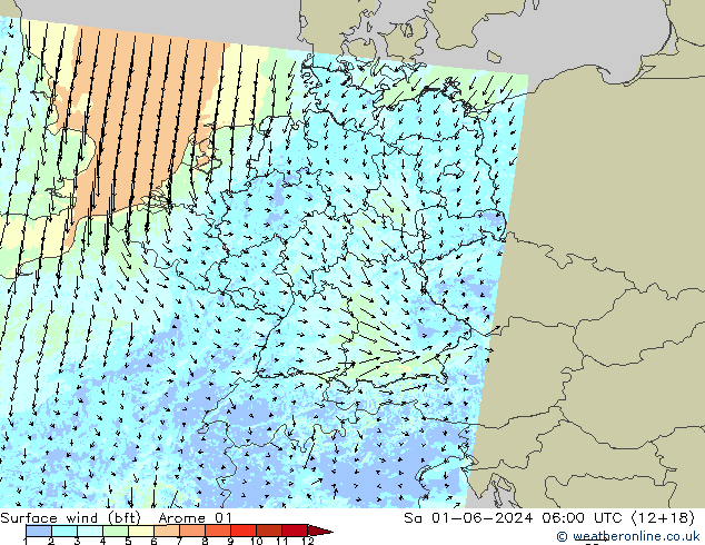 Wind 10 m (bft) Arome 01 za 01.06.2024 06 UTC